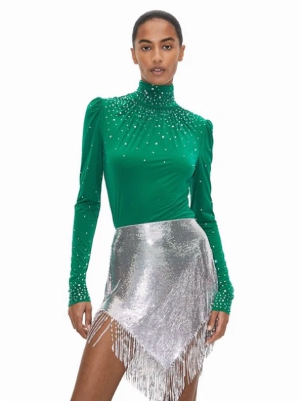 Rabanne H&M Emerald Green Turtleneck Top with Crystal Accents